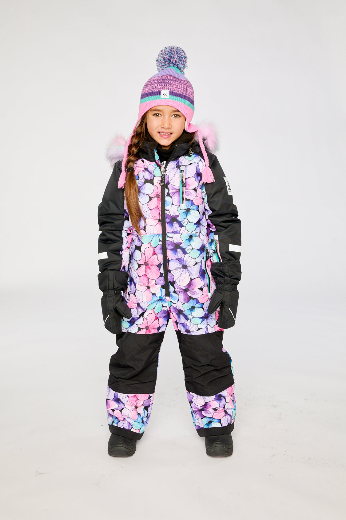 Deux par Deux PLAY girls snowsuit in purple floral print with reinforced knees, seat and hems.