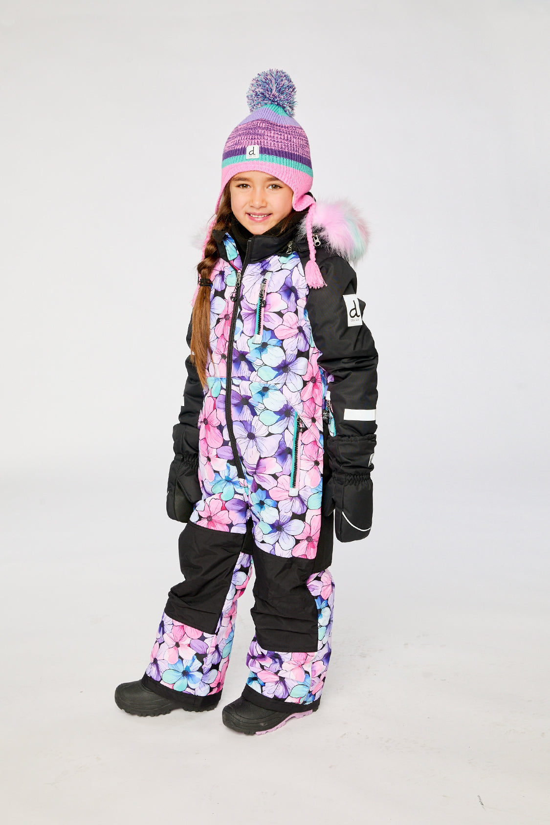 Girls Deux par Deux purple floral PLAY one-piece snowsuit with grow-with-me sleeves and hems.