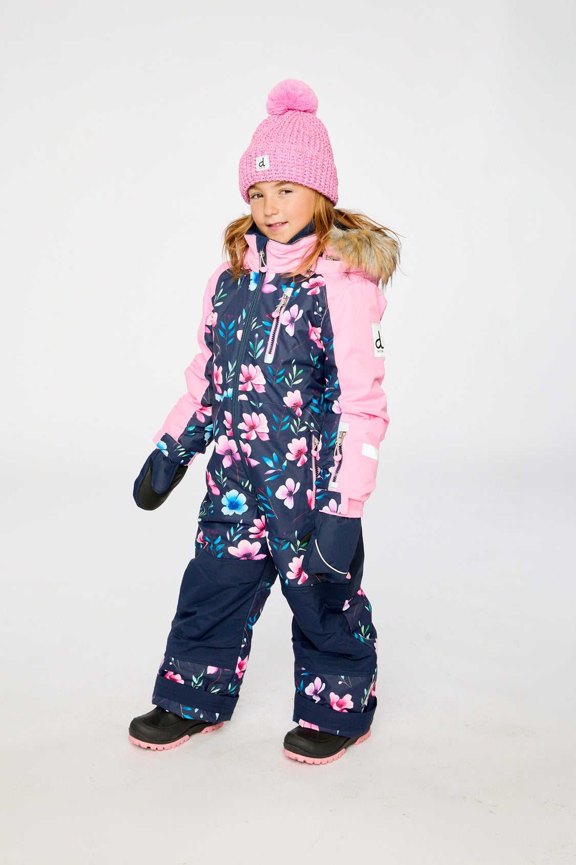 Deux par Deux girls blue floral PLAY one-piece snowsuit for skiing and snowy days
