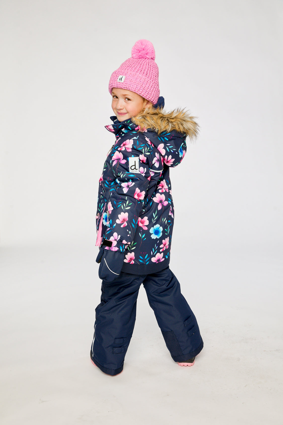 Alternate winter lookbook view of the Deux par Deux PLAY two-piece snowsuit in Blue Floral Print