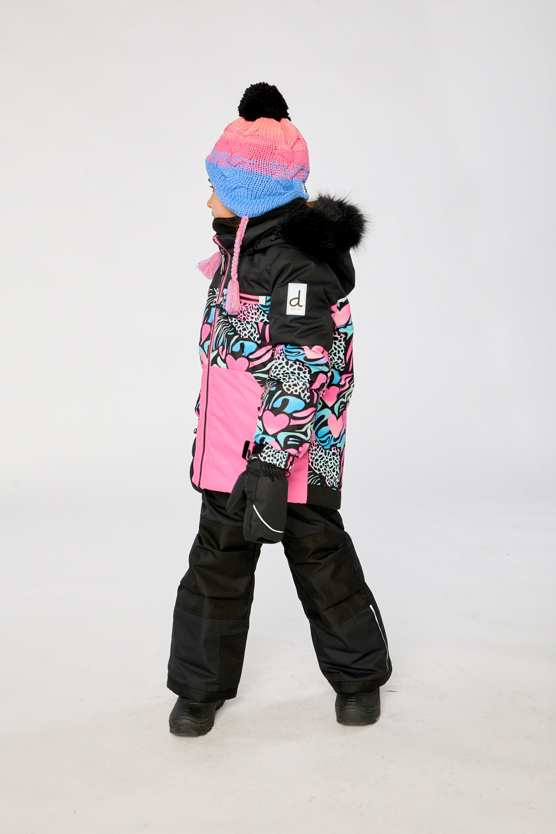 Deux par Deux girls zebra PLAY ski snowsuit with Cordura reinforced black snow pants
