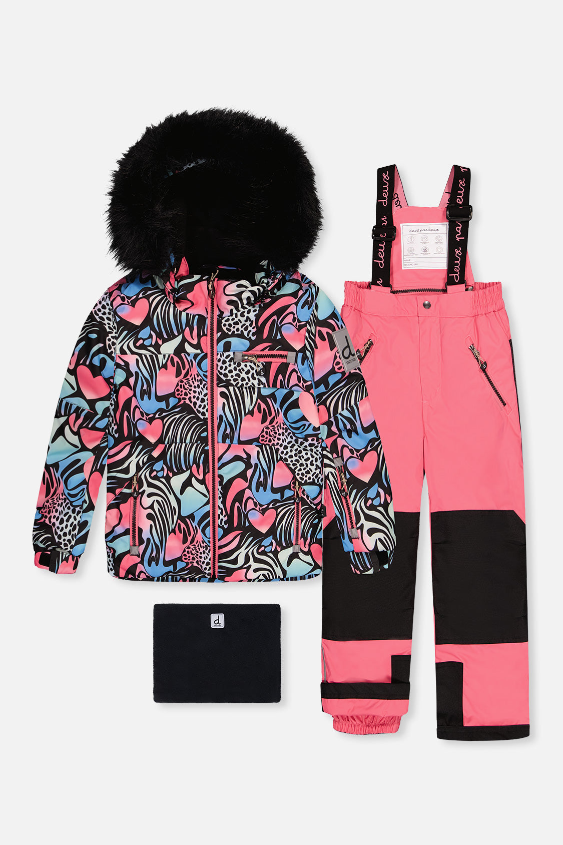 Deux par Deux girls black zebra print PLAY snowsuit with pink pants and neckwarmer