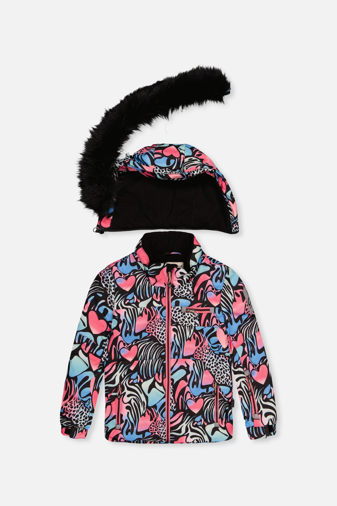 Deux par Deux black zebra print girls winter snowsuit in pink colorway