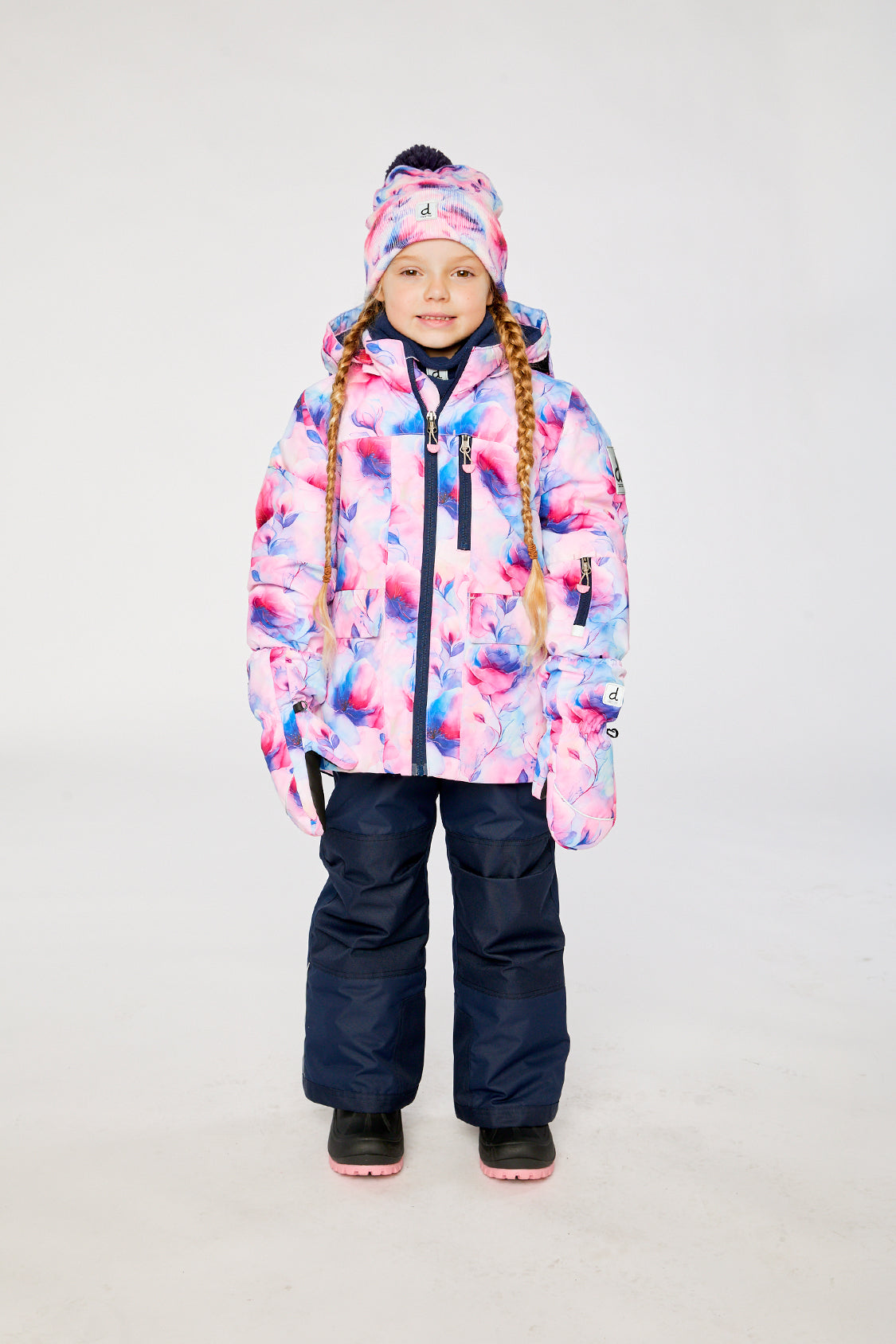 Mauve watercolor floral Deux par Deux girls winter snowsuit with Cordura snow pants