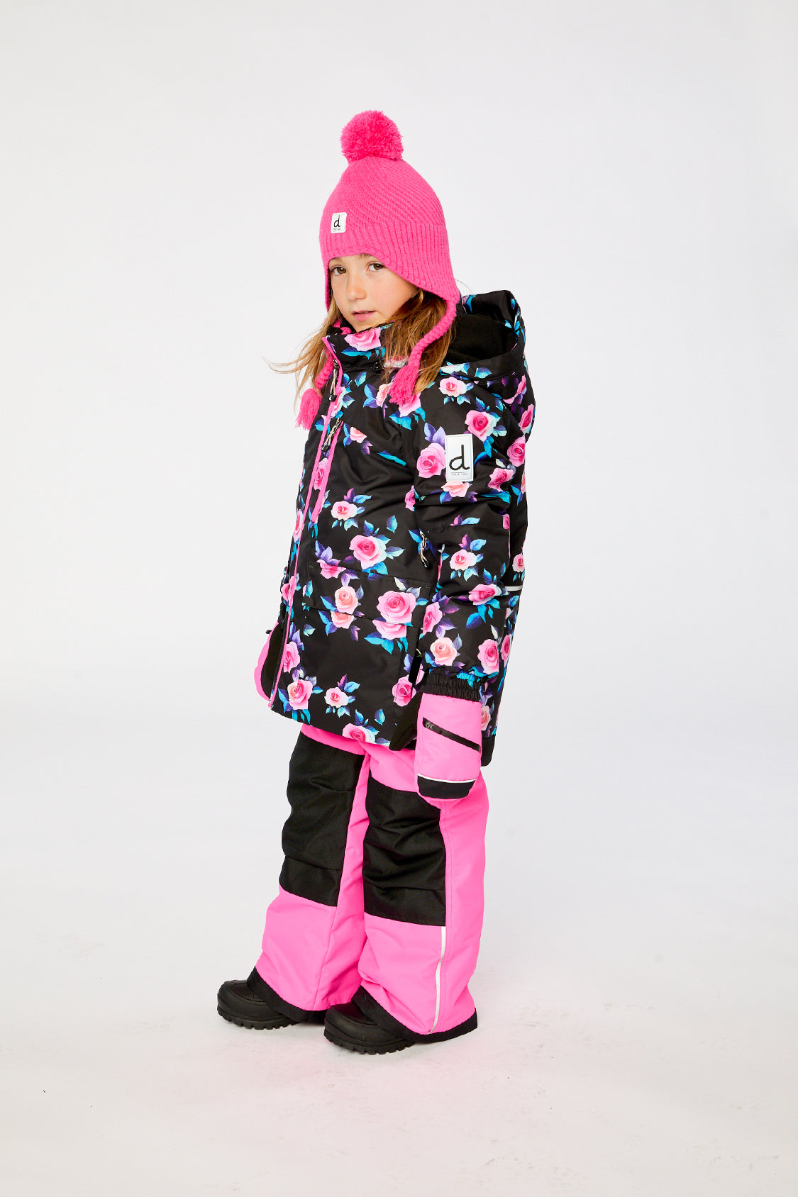 Deux par Deux girls black rose print PLAY ski snowsuit with Cordura reinforced pink pants