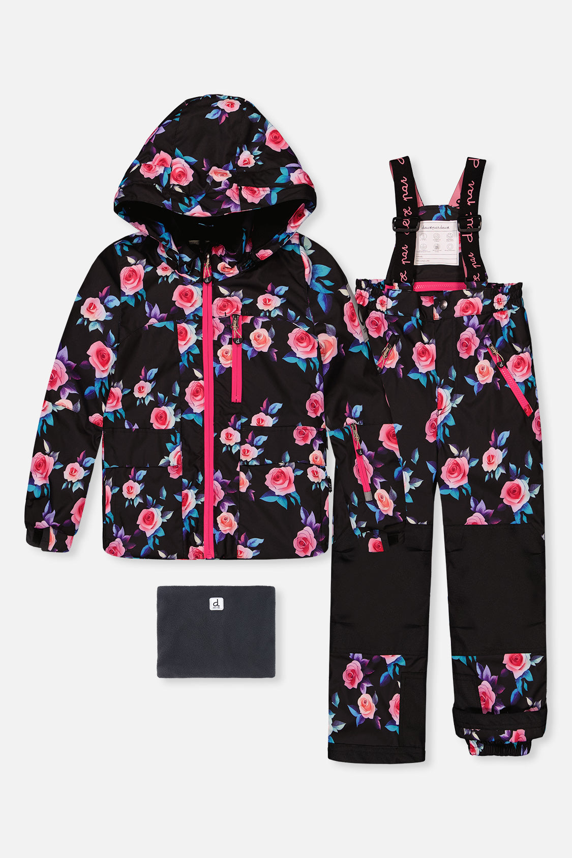 Deux par Deux girls PLAY black rose print two-piece snowsuit -30°C 10K sizes 2-14