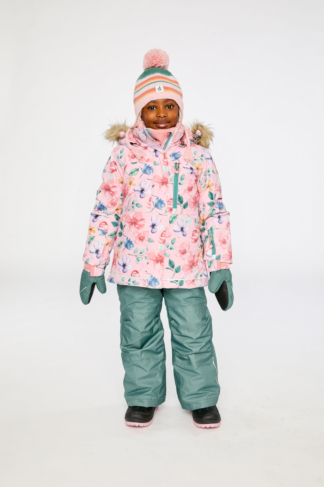 Deux par Deux PLAY 10K waterproof girls snowsuit pink floral jacket green pants