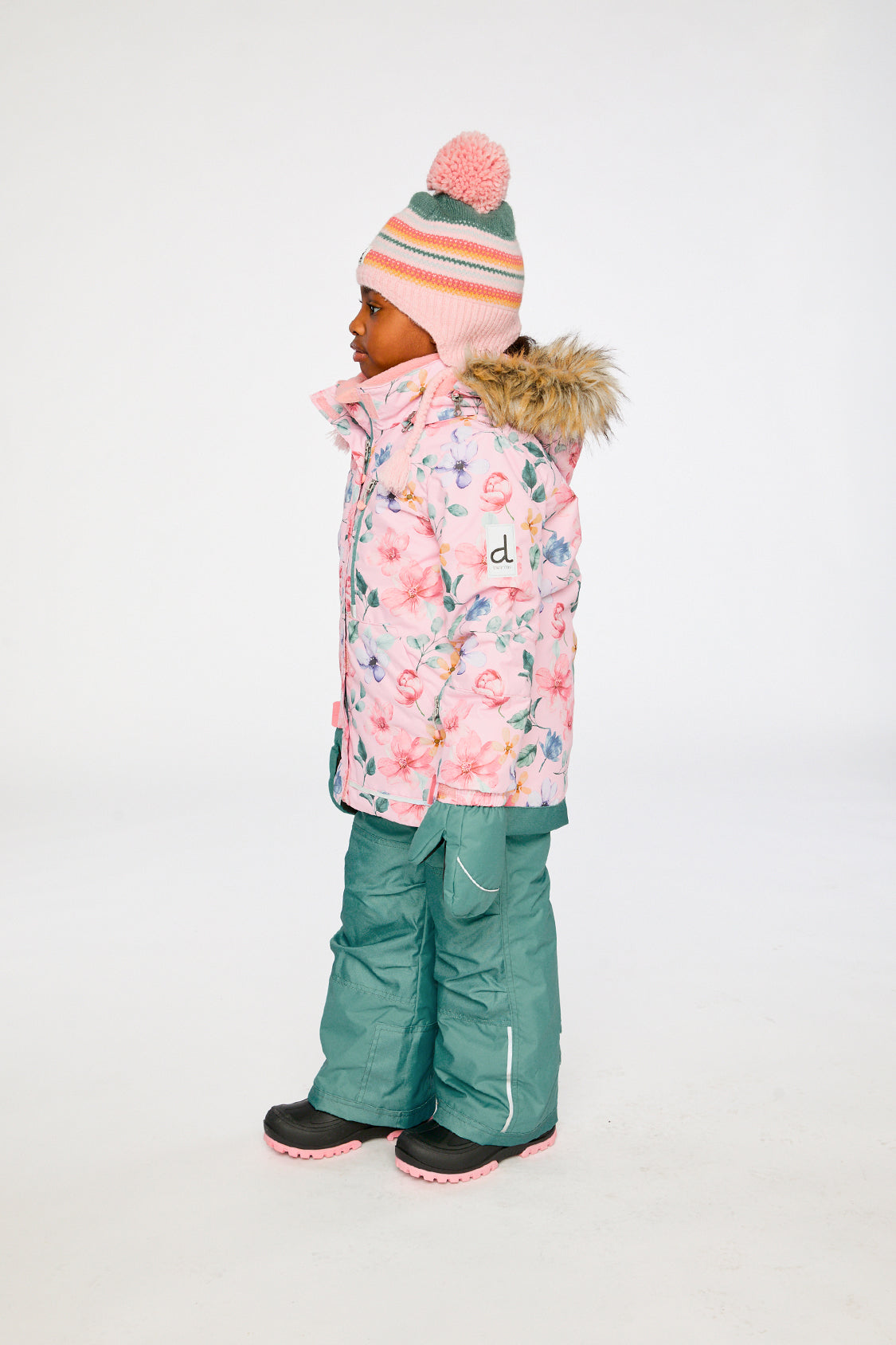 Girls winter snowsuit pink vintage floral print with Cordura reinforced green snow pants