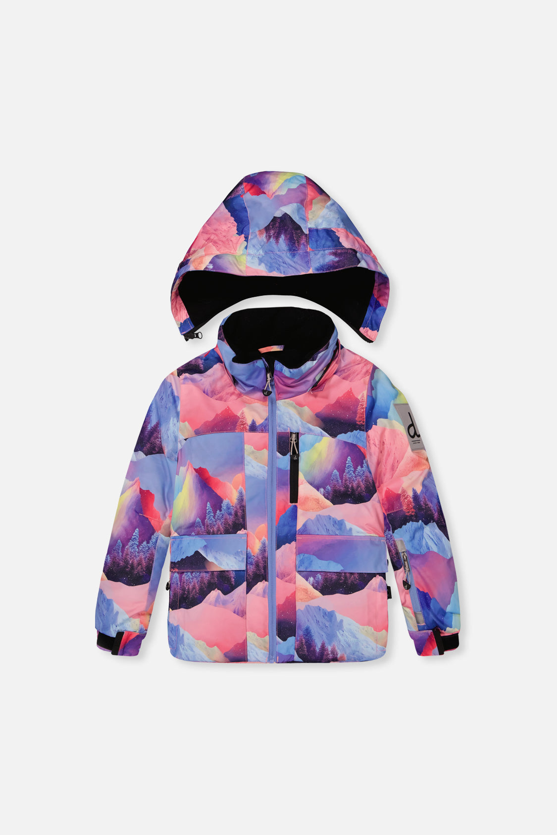 Deux par Deux pink mountain-print winter jacket with the matching hood detached above the collar