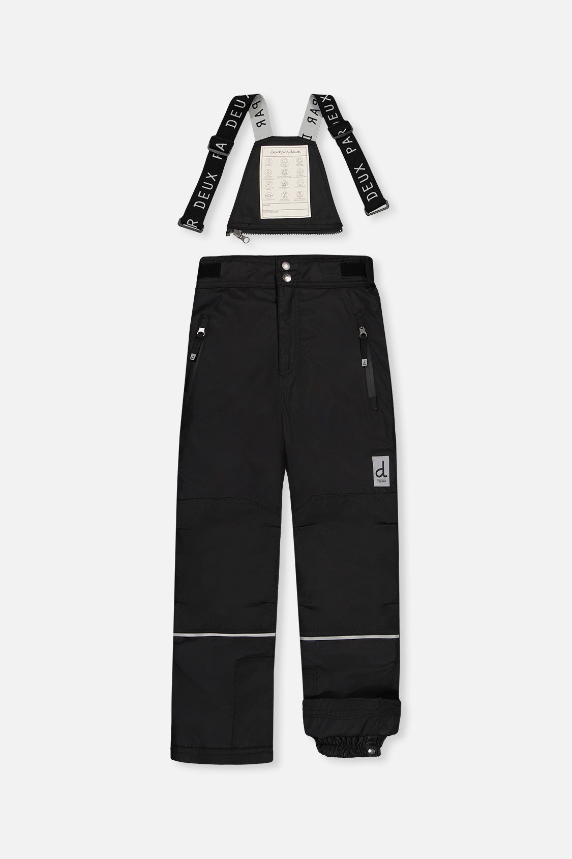 Deux par Deux boys' Teknik two-piece snowsuit in black and royal blue – snow pants with suspenders, front view