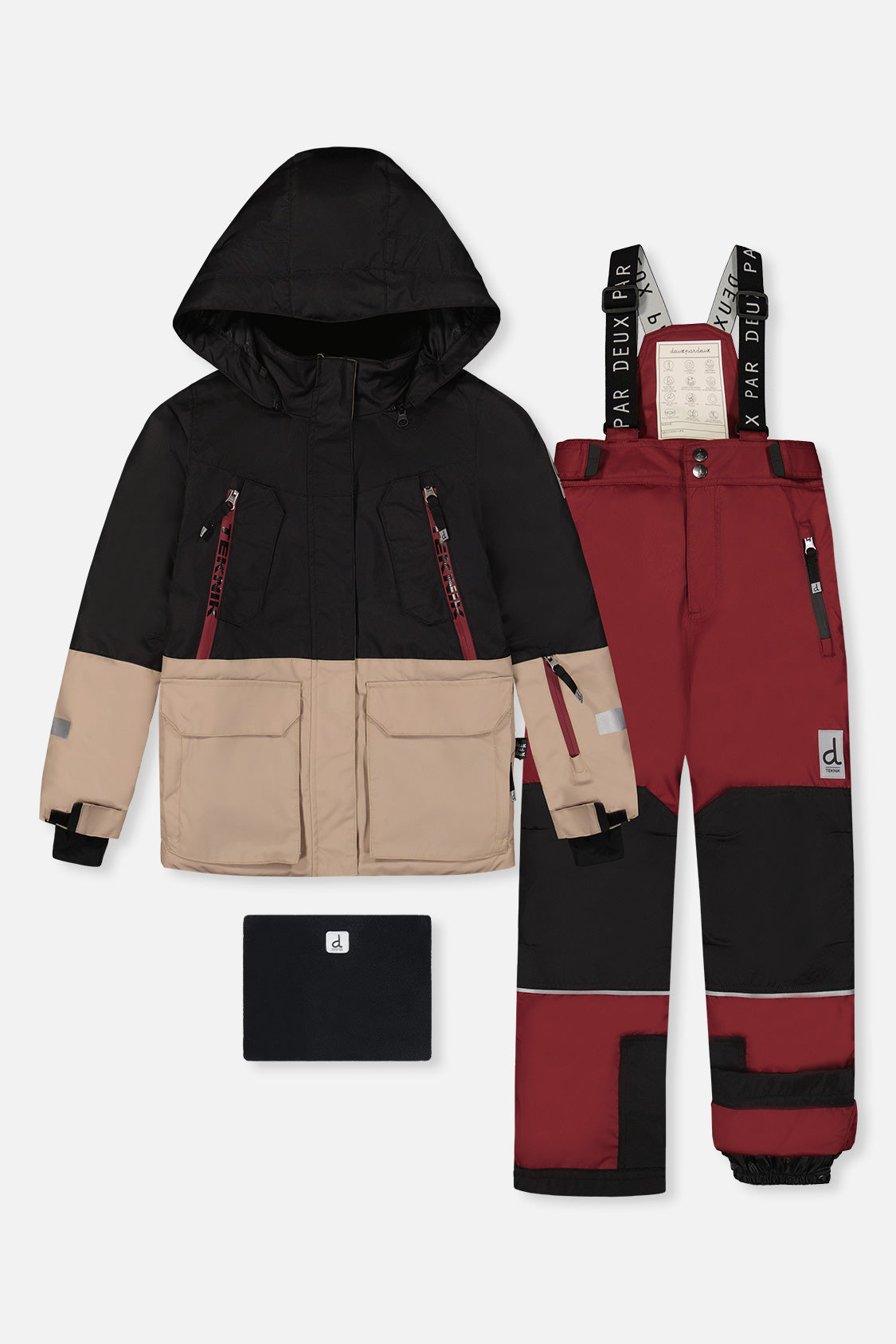 Deux par Deux TEKNIK two-piece snowsuit in black, beige and burgundy with coordinating snow pants