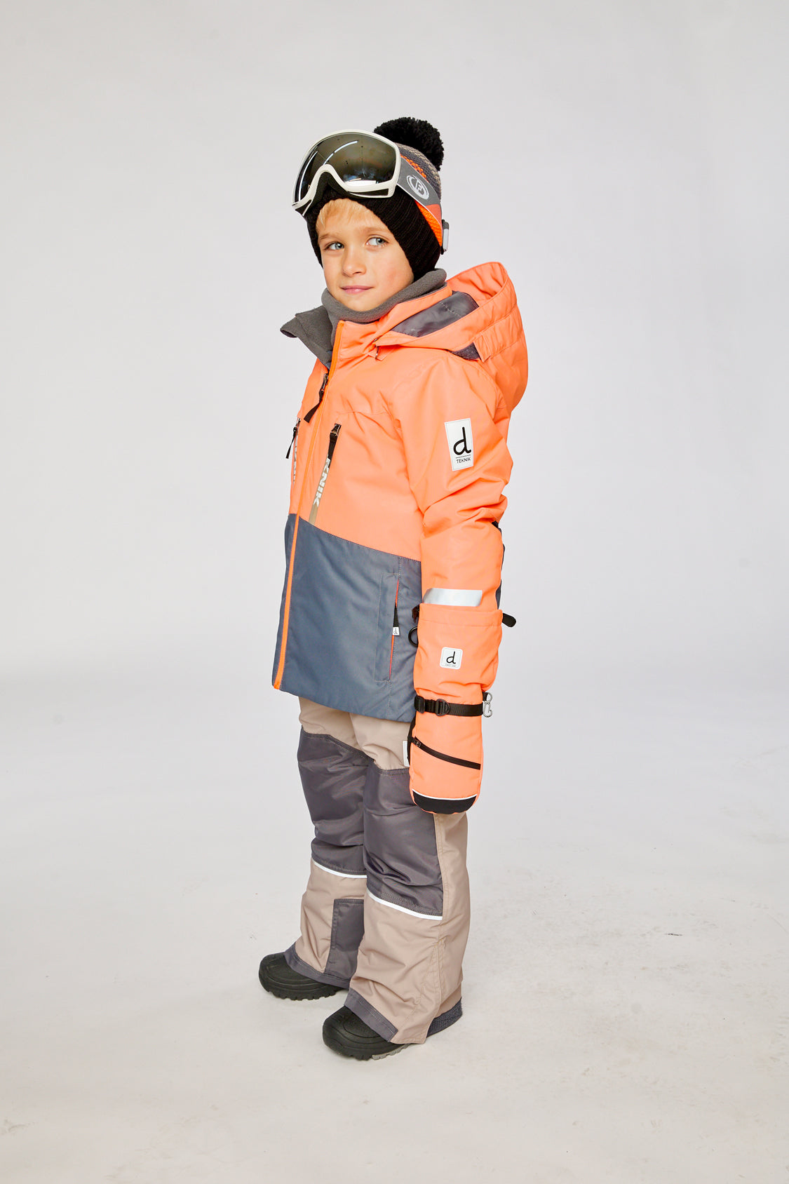 Boys Deux par Deux 15K waterproof Teknik snowsuit bright orange grey taupe