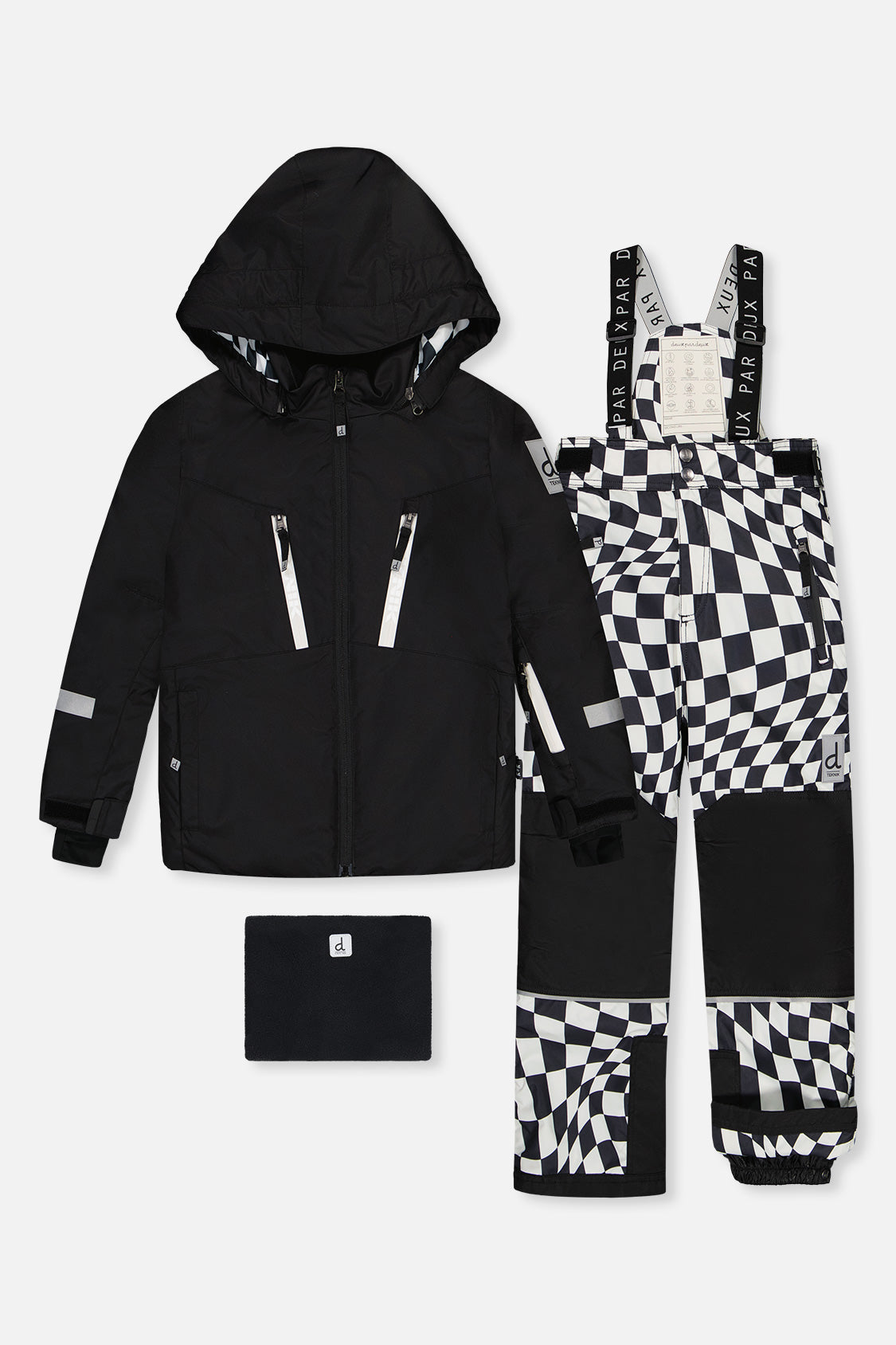 Deux par Deux boys Teknik two-piece snowsuit in black and white checkered print