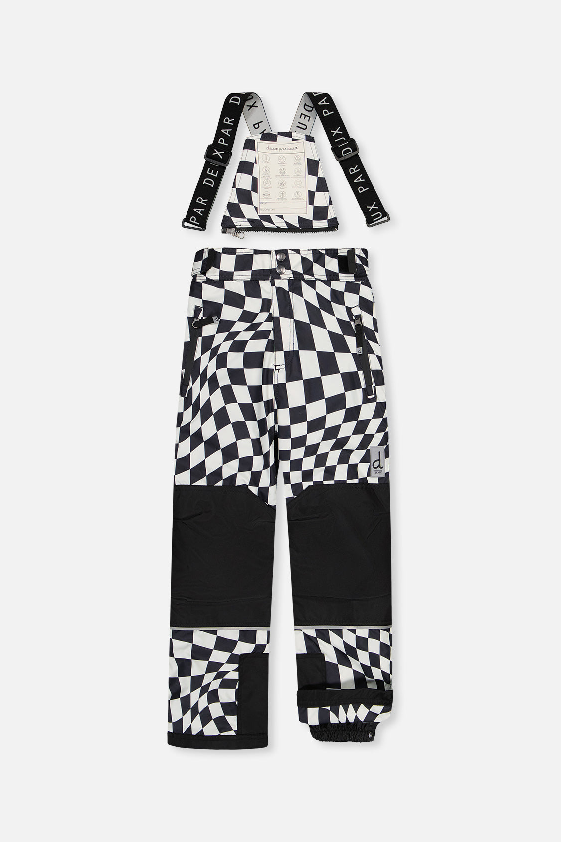 Black and white checkered snow pants for the TEKNIK snowsuit, front view with suspenders