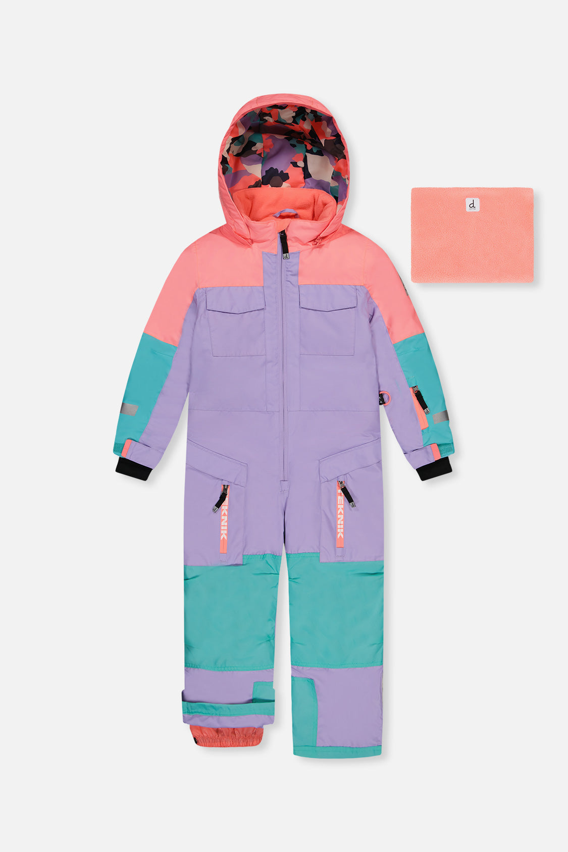 Deux par Deux kids TEKNIK one-piece snowsuit in lavender, turquoise and orange product view