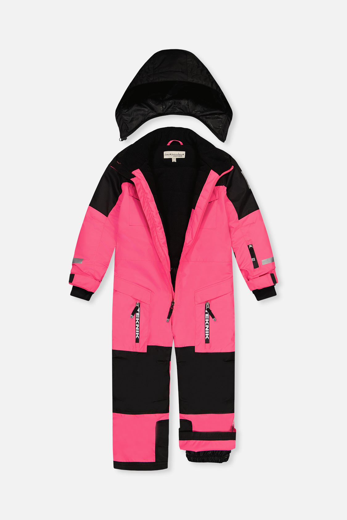 Deux par Deux kids TEKNIK one-piece snowsuit in Bright Pink — construction and winter design detail