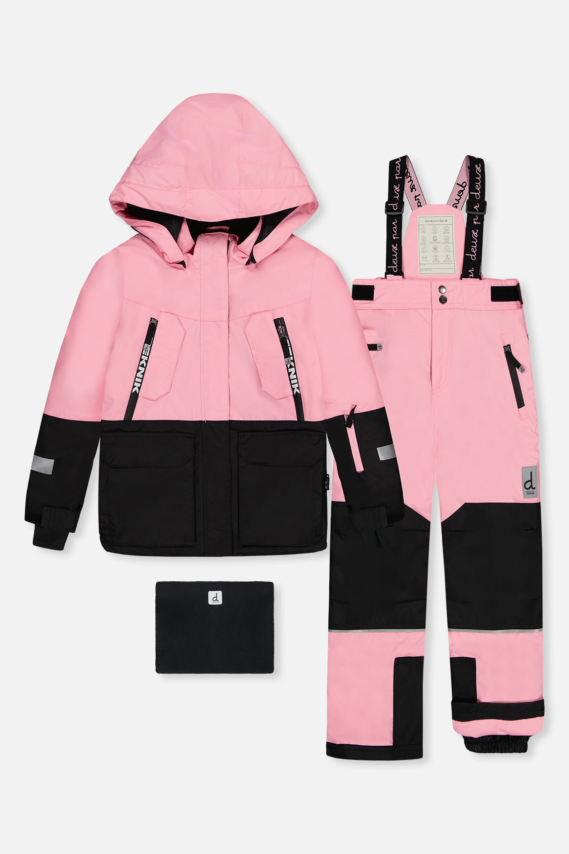 Deux par Deux TEKNIK two-piece snowsuit in pink with coordinating snow pants product view