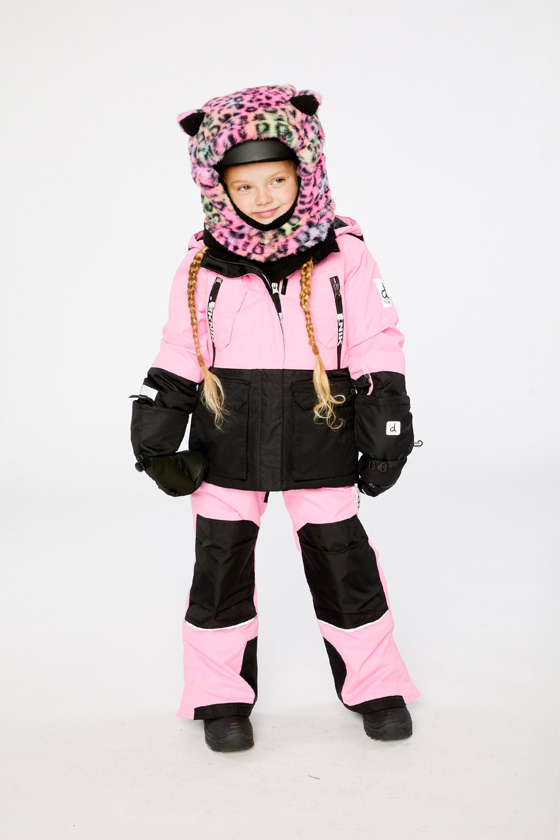 Deux par Deux pink TEKNIK two-piece snowsuit shown from an alternate modeled angle