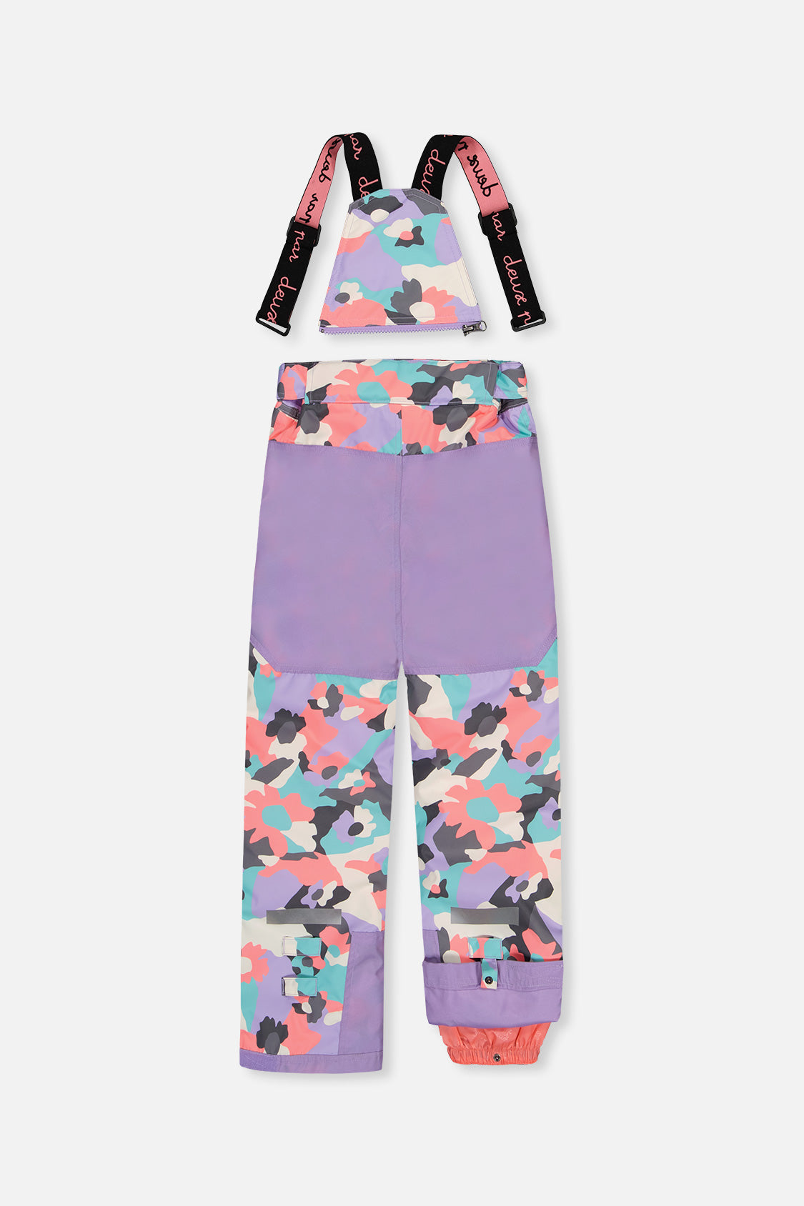 Deux par Deux girls' Teknik two-piece snowsuit in coral camouflage print with lilac panels – snow pants with suspenders, front view