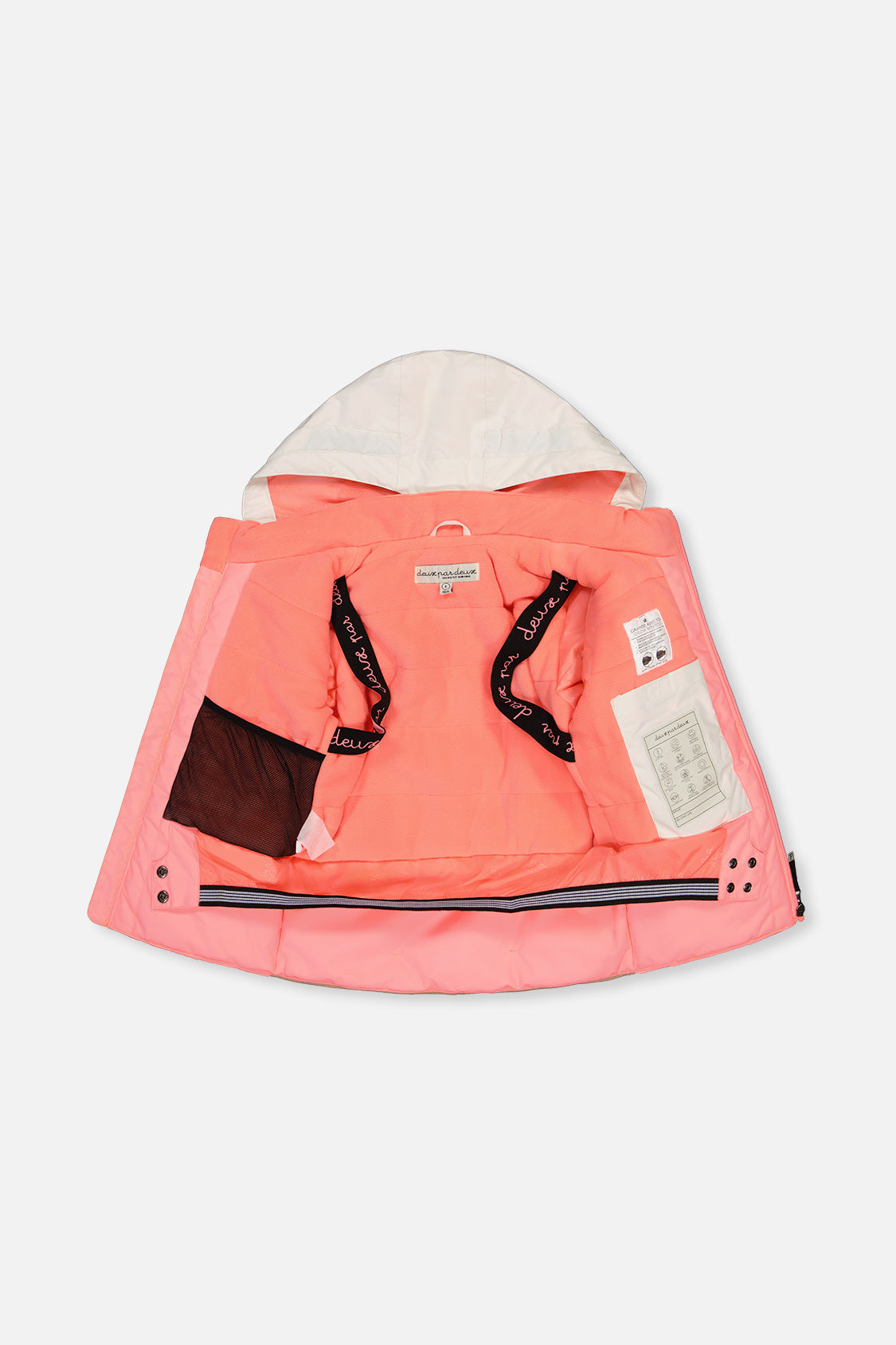 Off-white and pink TEKNIK jacket opened to show the fleece lining, inner straps and pocket