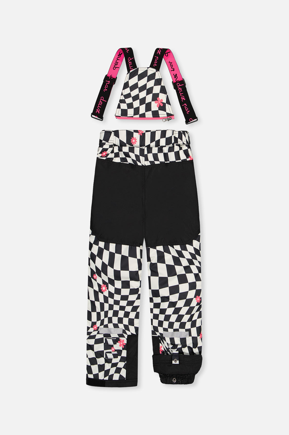 Back of the matching checkered snow pants with suspenders and reinforced seat