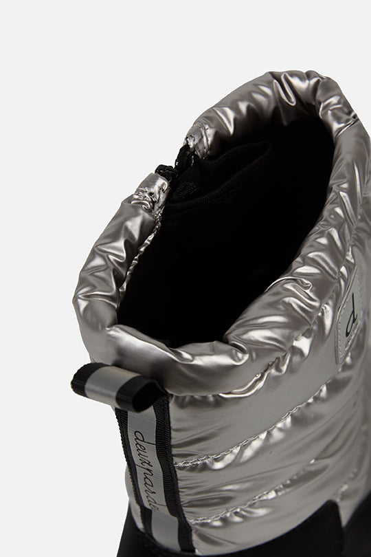 Deux par Deux girls' silver quilted winter boots – close-up of the quilted shaft and drawstring