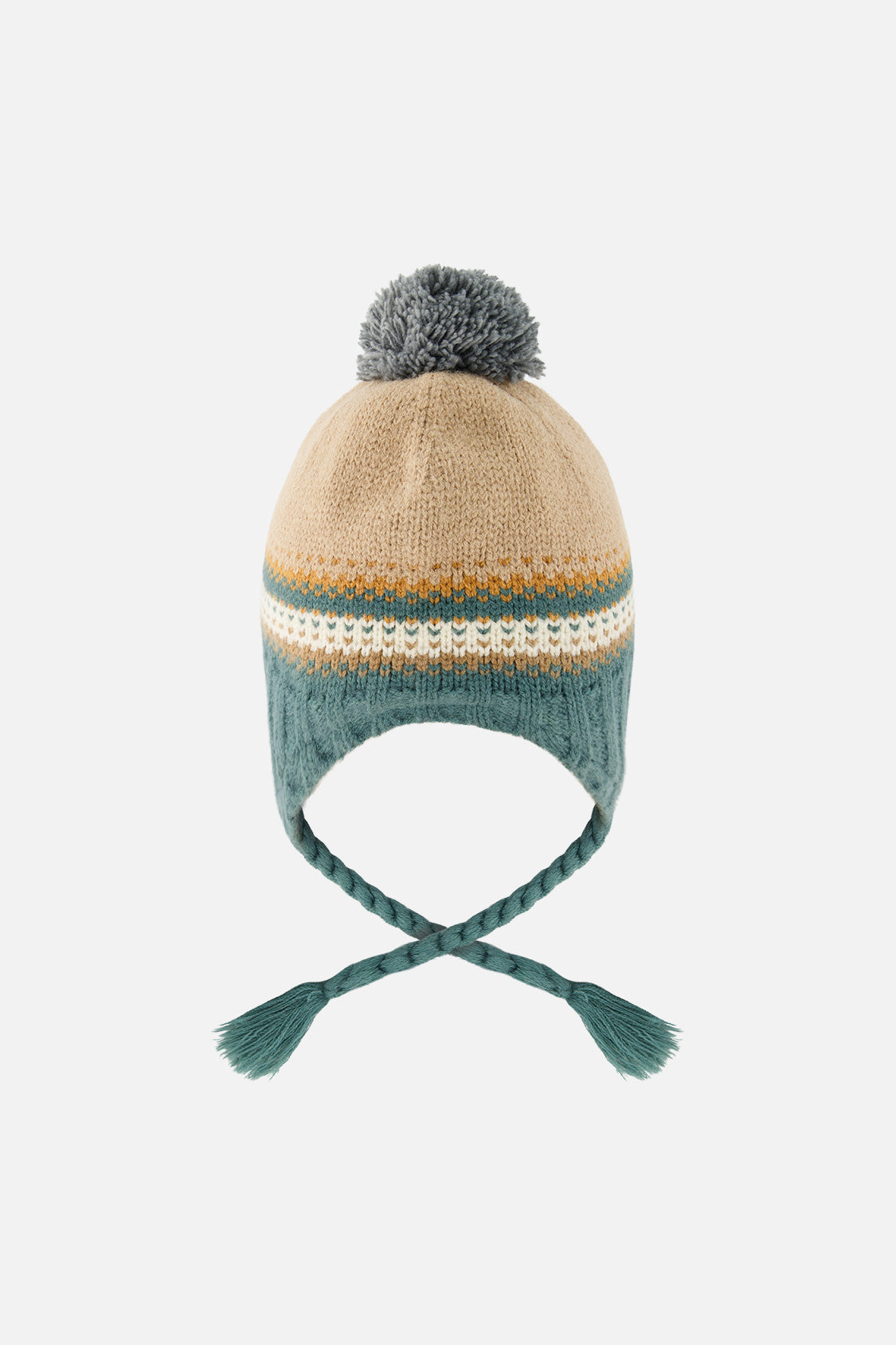 Winter Peruvian Knit Hat With Pompom Beige And Green Jacquard-2