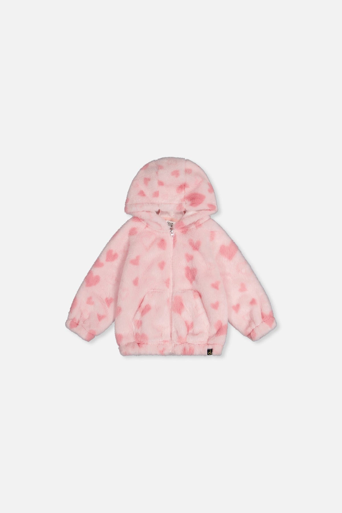 Baby Hooded Full Zip Faux Fur Jacket Pink Printed With Hearts-0