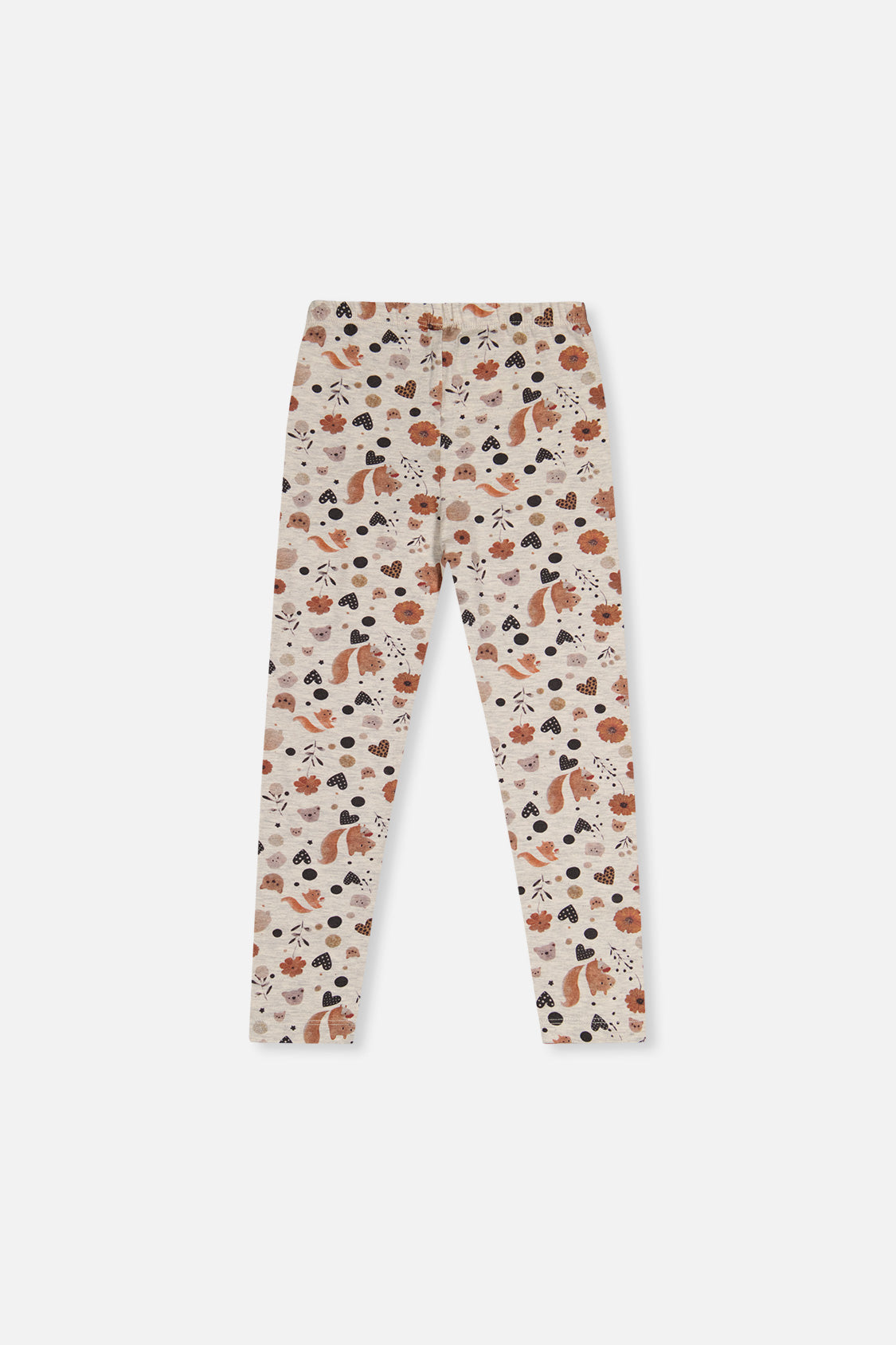 Deux par Deux girls organic cotton leggings, beige squirrel print, back view