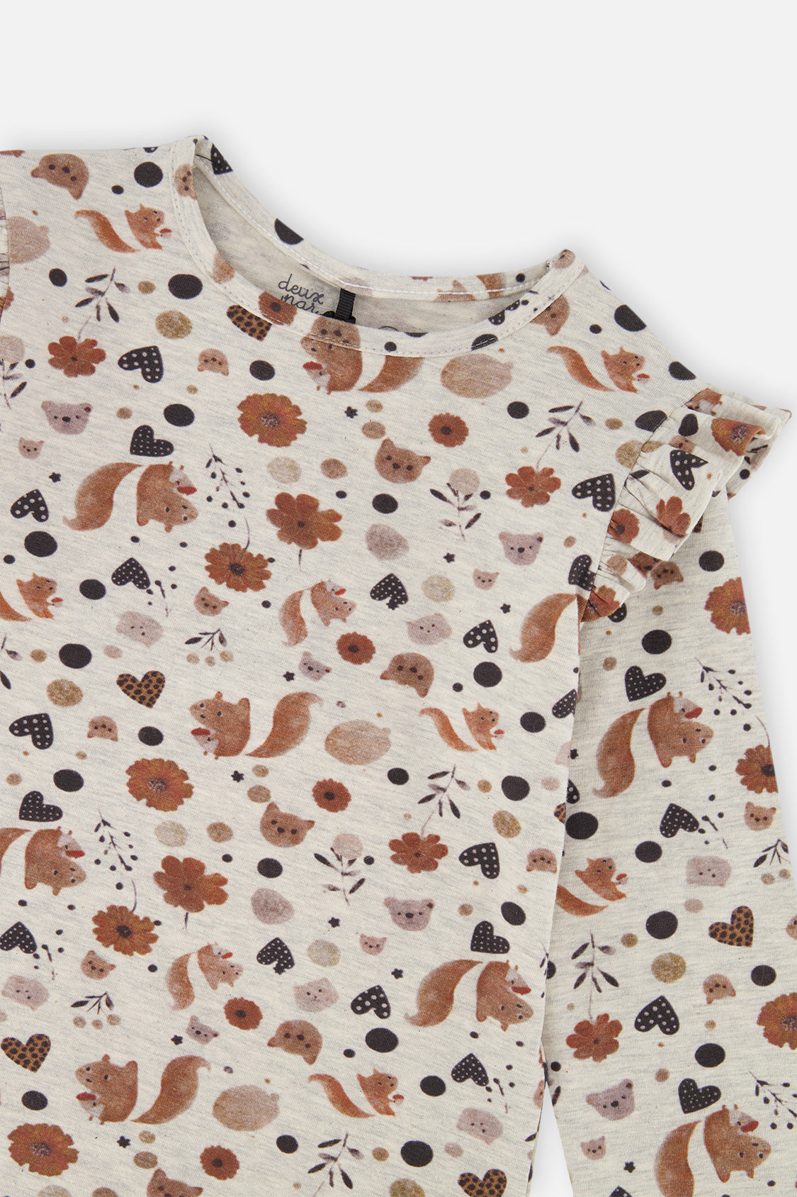 Deux par Deux girls long sleeve organic cotton tee, beige squirrel print, alternate view