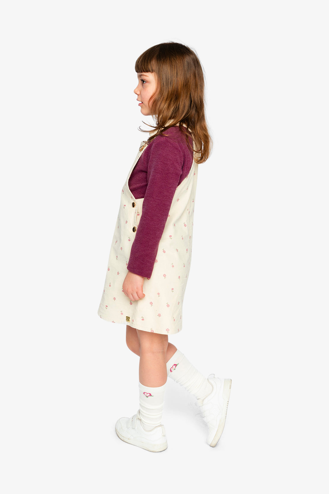 Corduroy Overall Dress Beige Floral Print-2