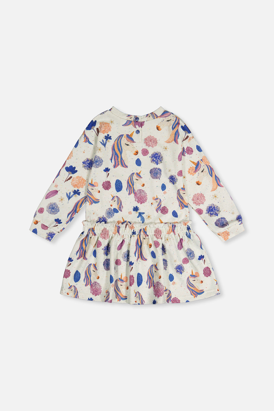 Deux par Deux beige unicorn print French terry dress, back view