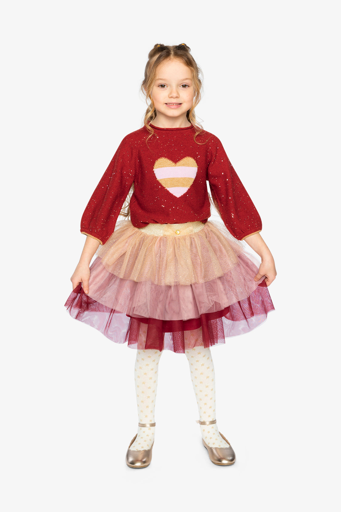 Multi Layer Glittering Mesh Skirt Red, Pink And Beige-4