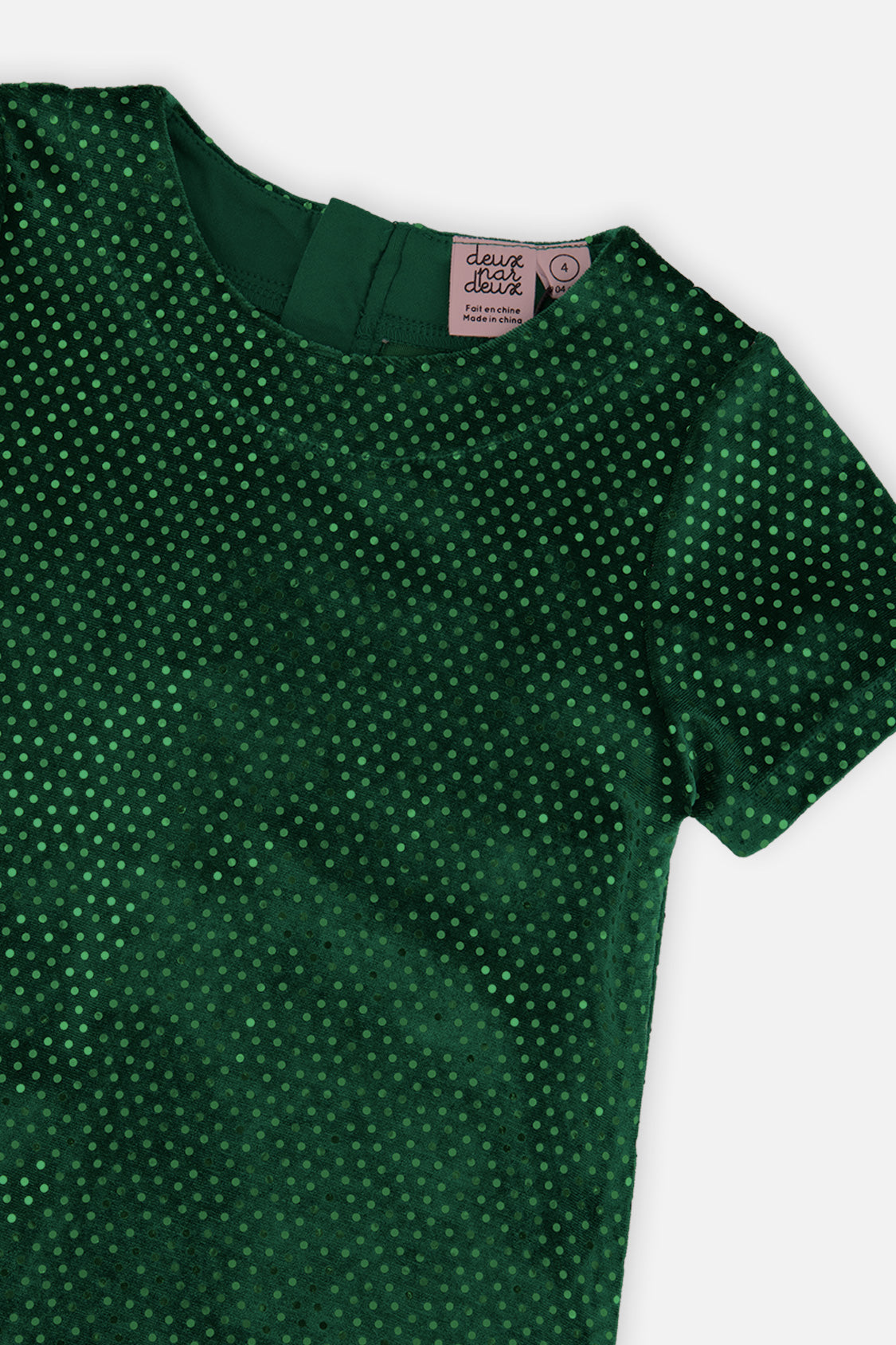 Deux par Deux girls' forest green sparkle velour dress, detail view