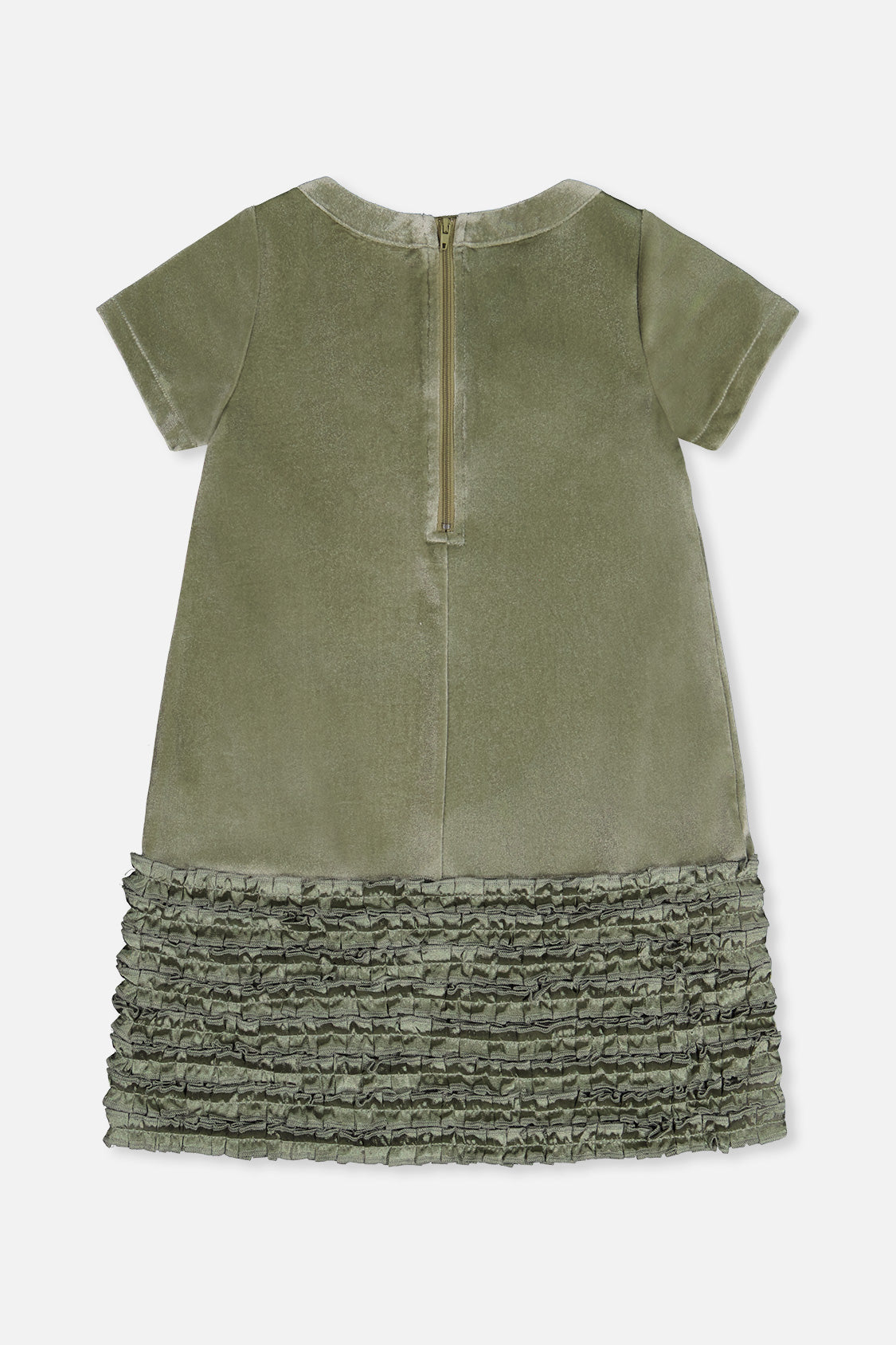 Deux par Deux girls' greyish green velour dress with bow, back view