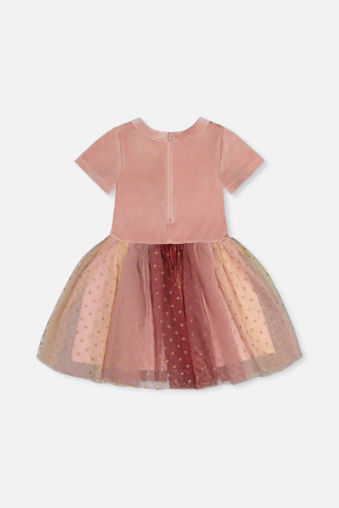 Deux par Deux pink velvet dress with ombre star skirt, back view