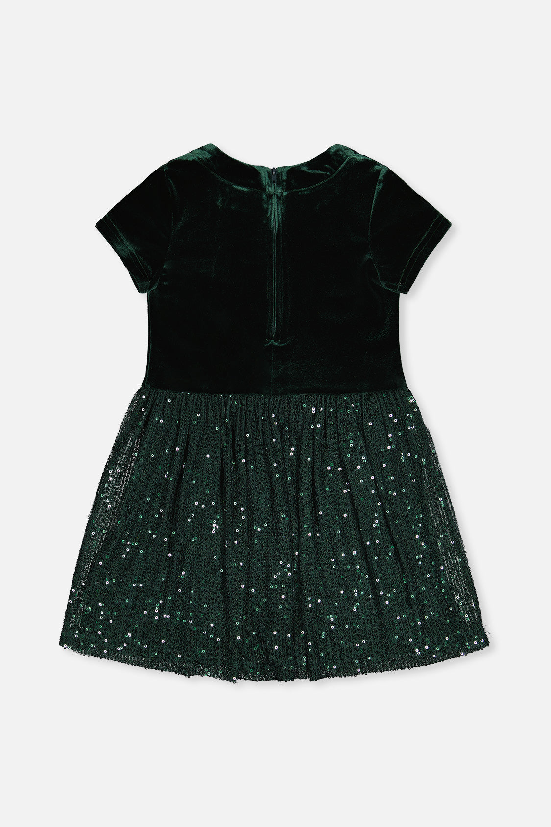 Deux par Deux girls Green Forest velvet dress with glittering mesh skirt, back view