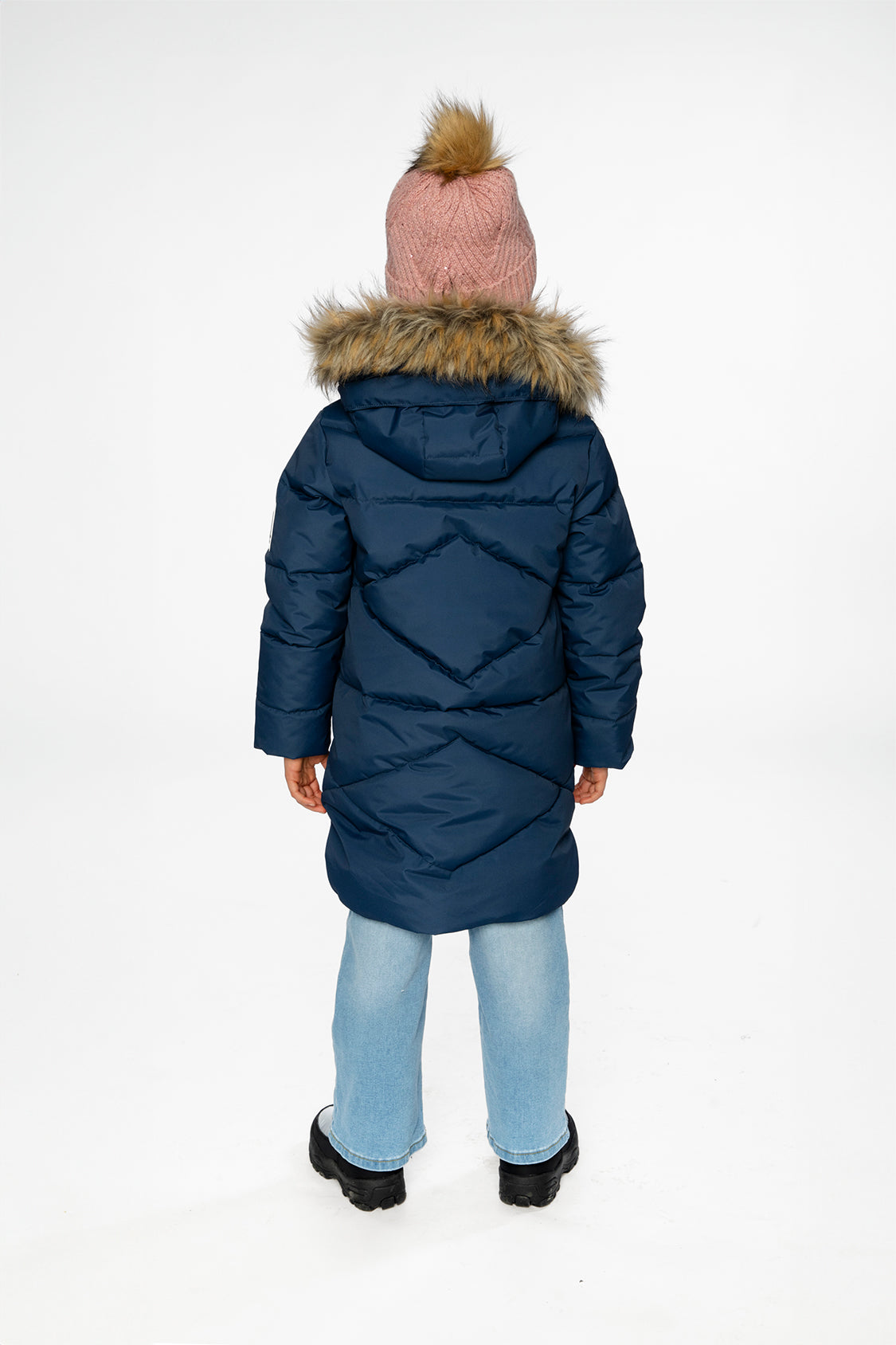 Child wearing the Deux par Deux long dark blue puffer coat, lookbook photo 3