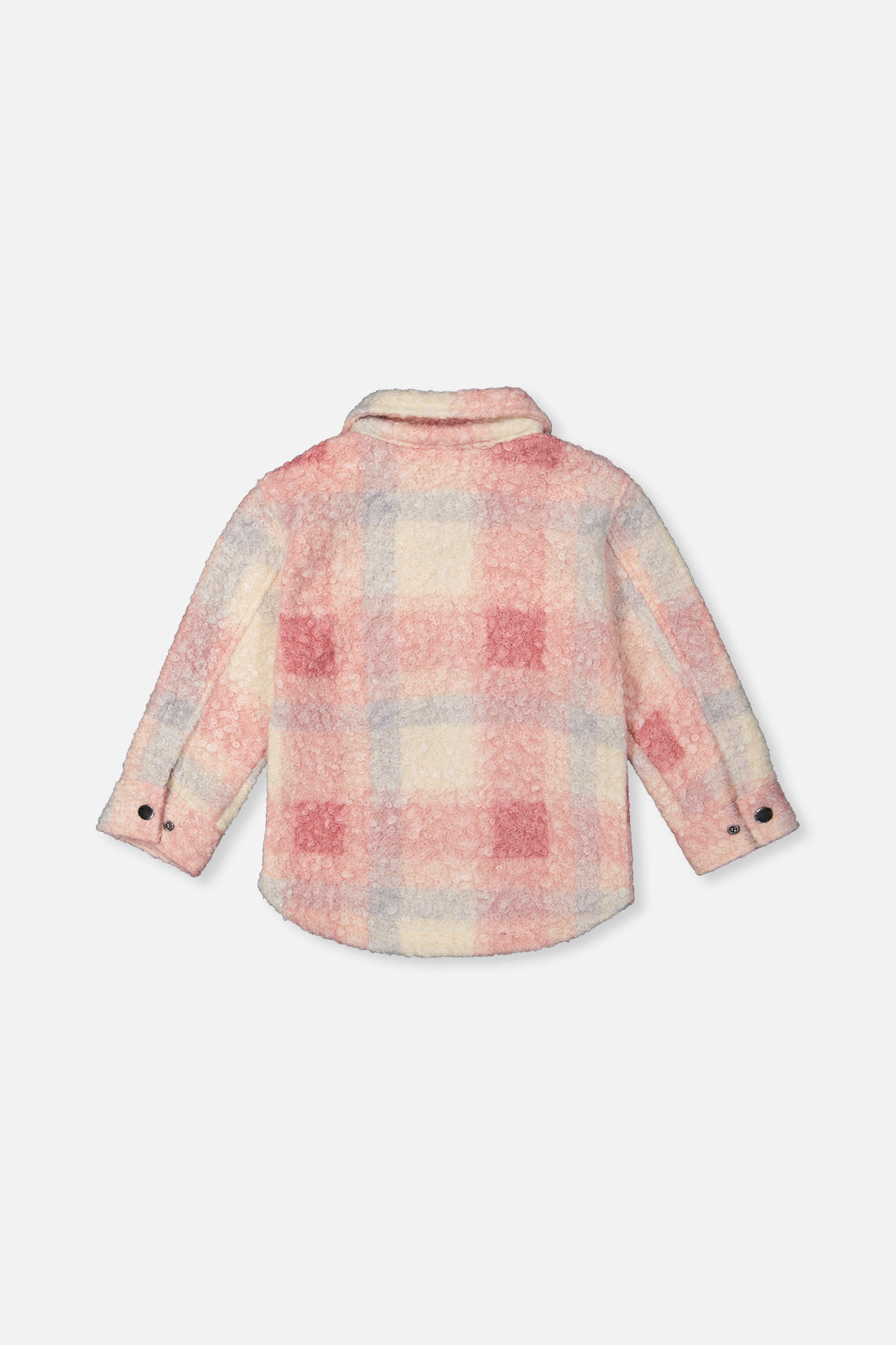Back view of the Deux par Deux beige and pink plaid overshirt