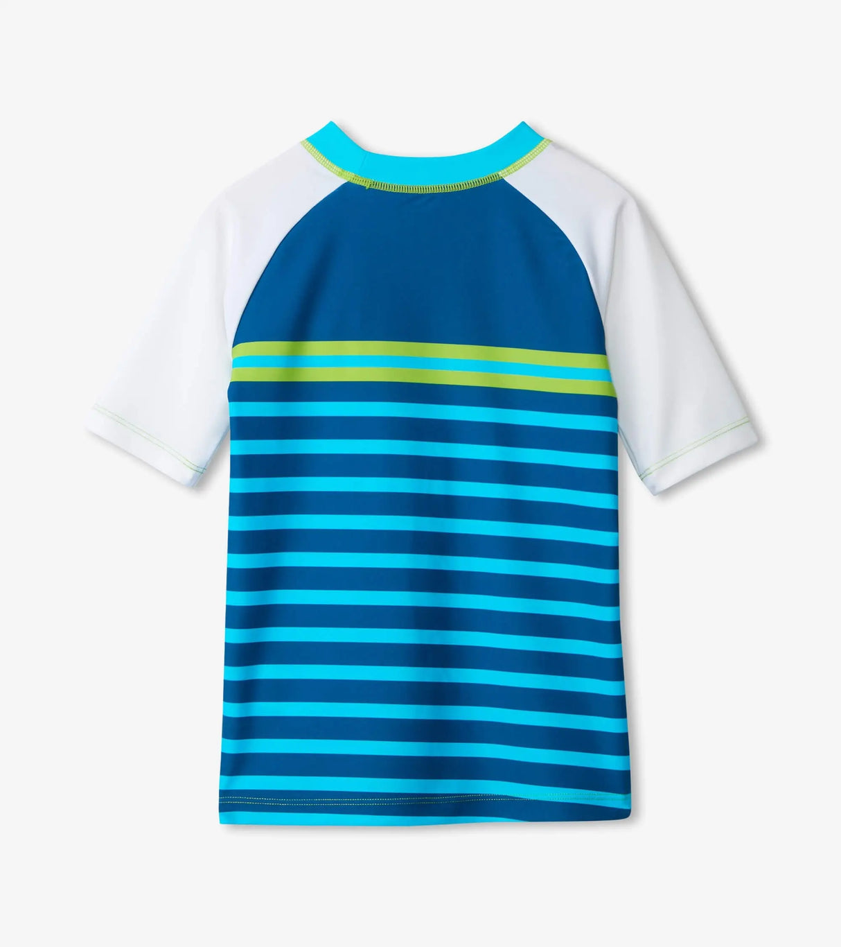 Back view of Sea Stripes kids rash guard showing short raglan sleeves and UPF swim fabric