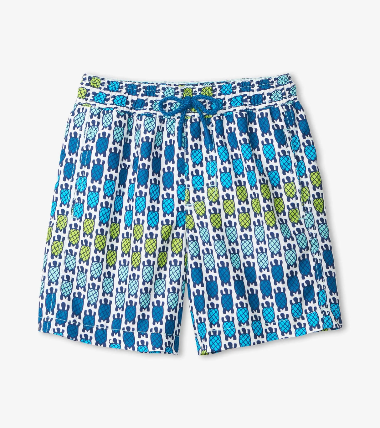 Front view of Hatley boys sea turtles swim trunks in blue and green with drawstring waist