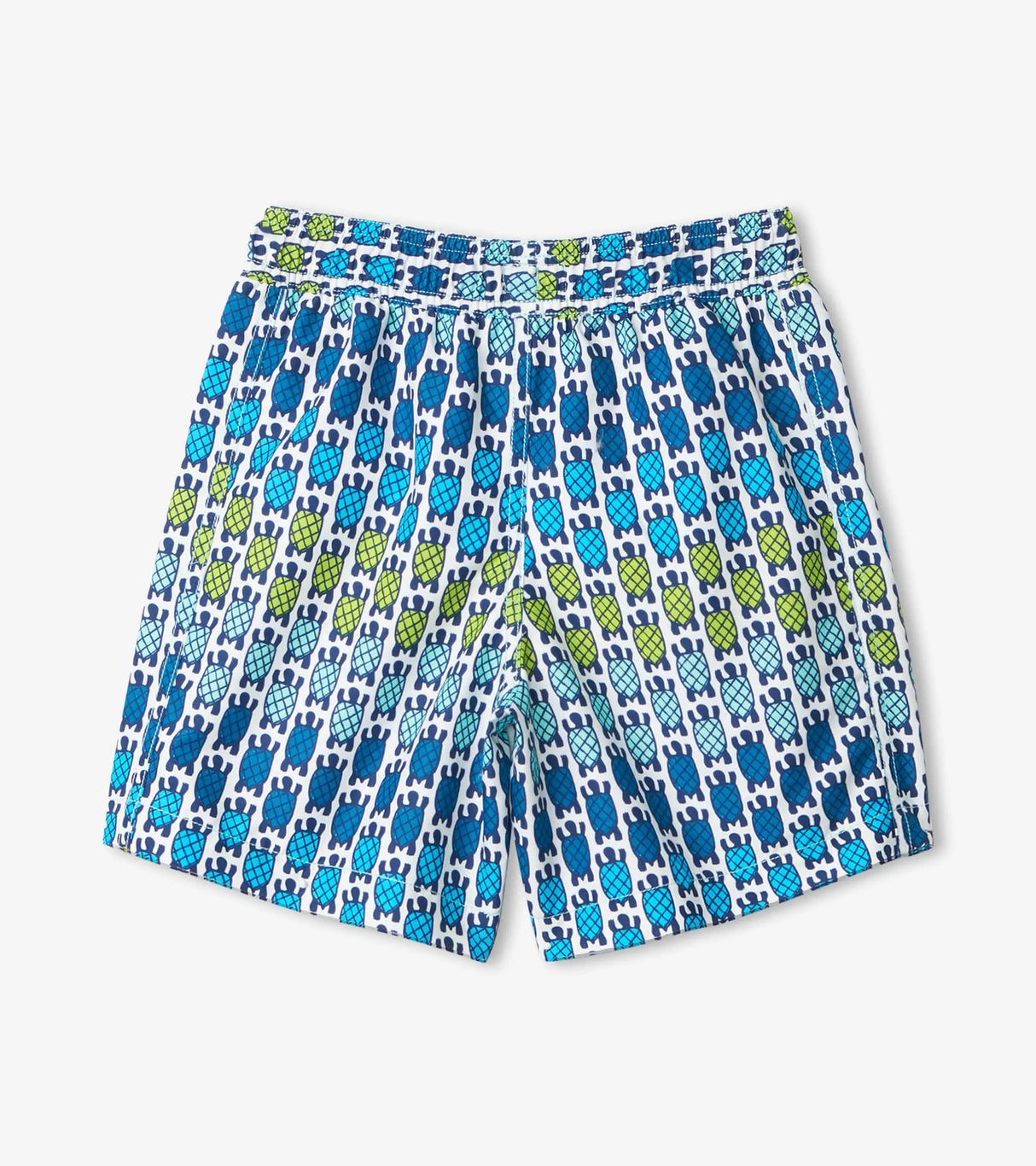 Back view of boys sea turtle print board shorts showing elastic waistband and mesh-lined style