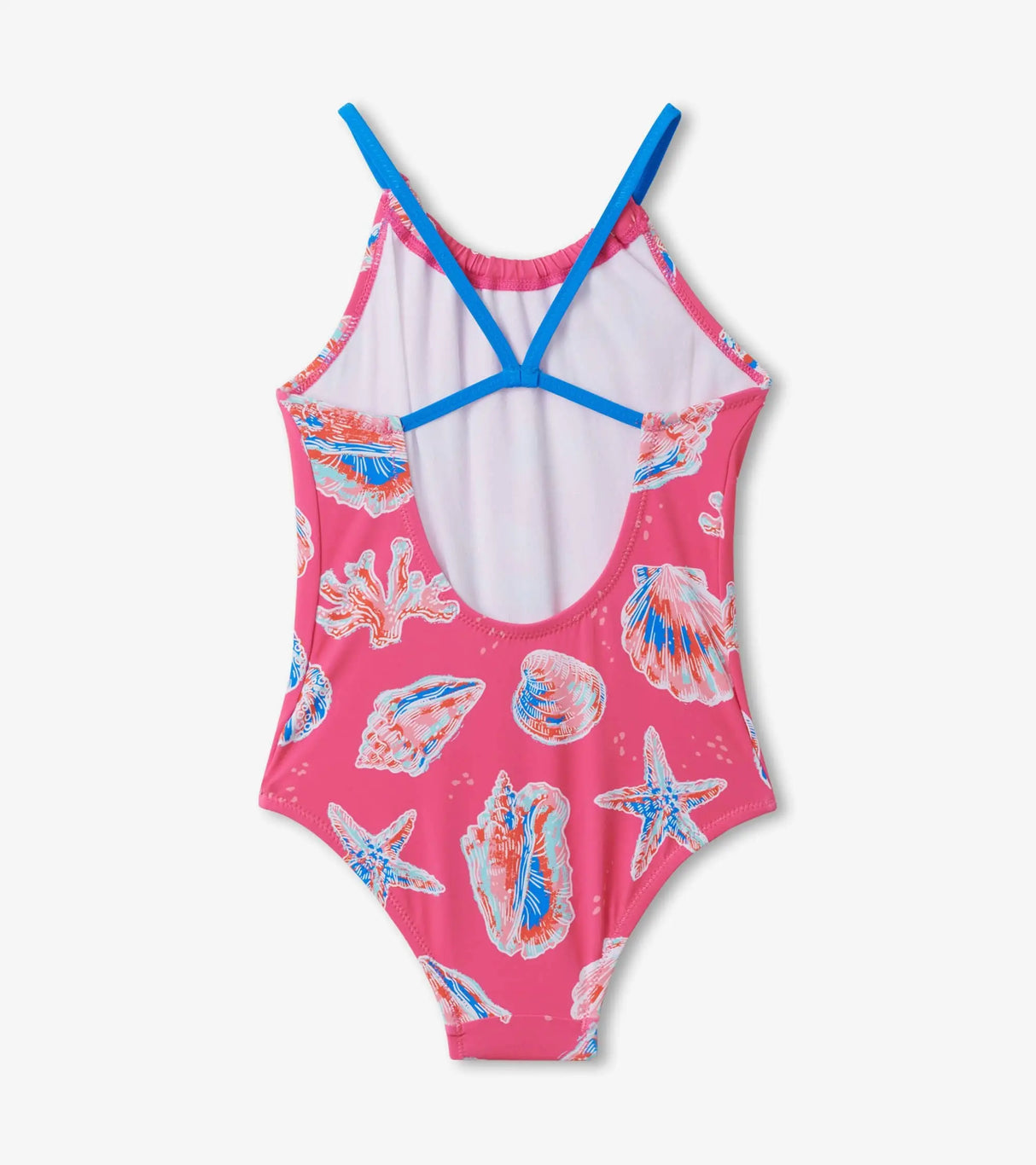 Back view of Hatley seashell print girls swimsuit with blue cross straps