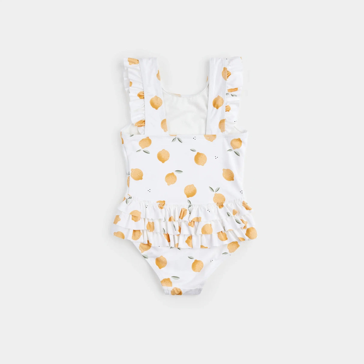 Smaller lemon-print swimsuit front view in toddler size with ruffle waist detail.