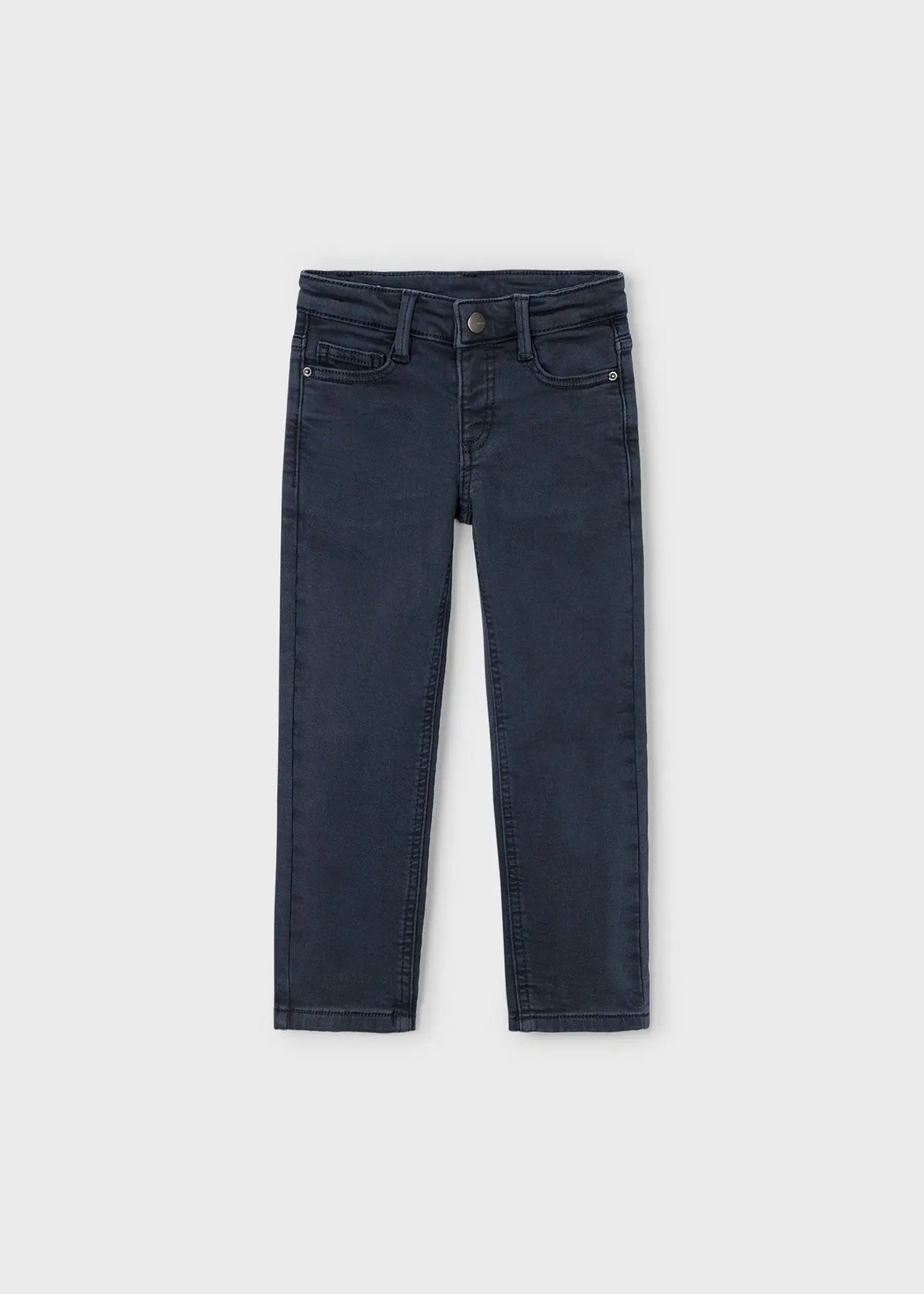 Front flat lay of Mayoral boys navy straight-leg boys pants with adjustable waist.