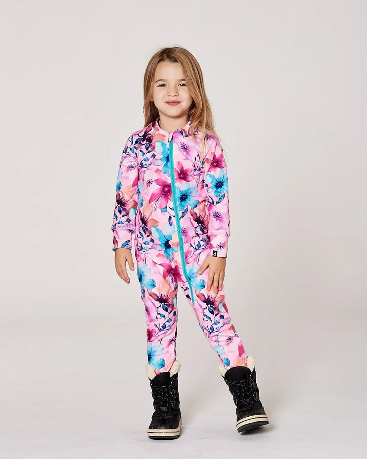 One-Piece Thermal Underwear Pink Watercolor Flower Print | Deux par Deux | Jenni Kidz
