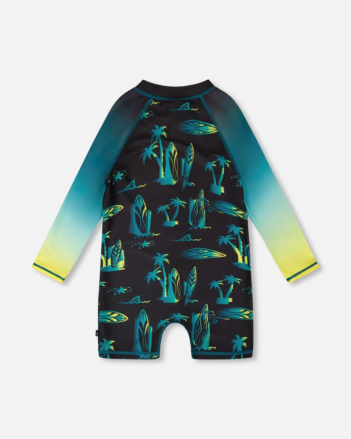 Back view of black surf print baby rashguard one-piece with blue-to-yellow sleeves