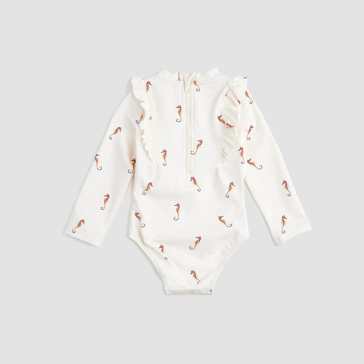 Back view of Miles The Label Creme seahorse swimsuit showing long sleeves, back zip, and one-piece design.