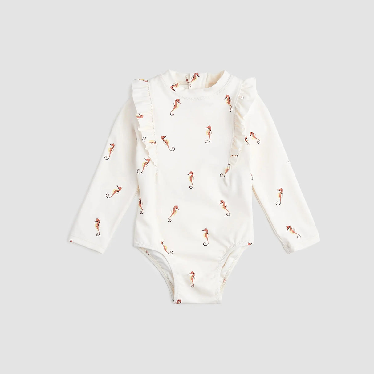Miles The Label baby girls and girls Creme seahorse long-sleeve swimsuit with UPF 50+ and frilly shoulders.
