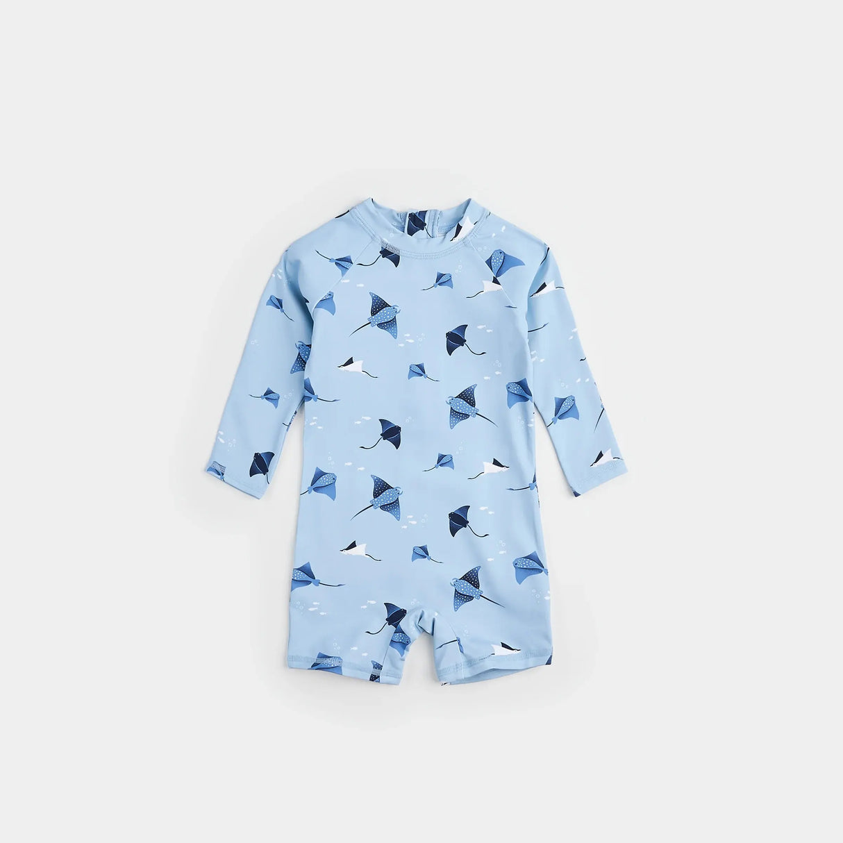 Petit Lem baby girl sky blue long-sleeve stingray print swim romper flat lay front view
